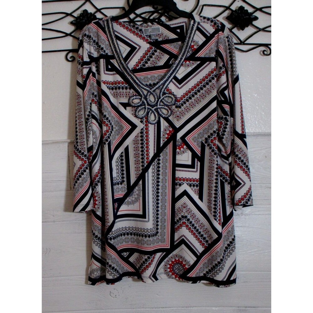 JM Collection Knit Top Women's Size XL Multicolored Geometric Long Sleeve V Neck